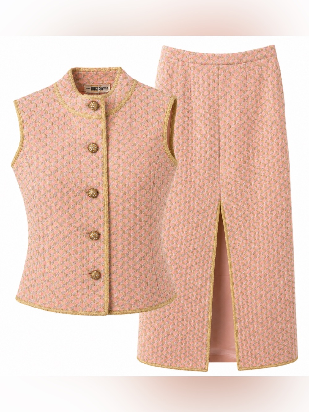 Vintage 1970s Tricosa Paris Pink Gold Brocade Knit Skirt Suit Set. French luxury
